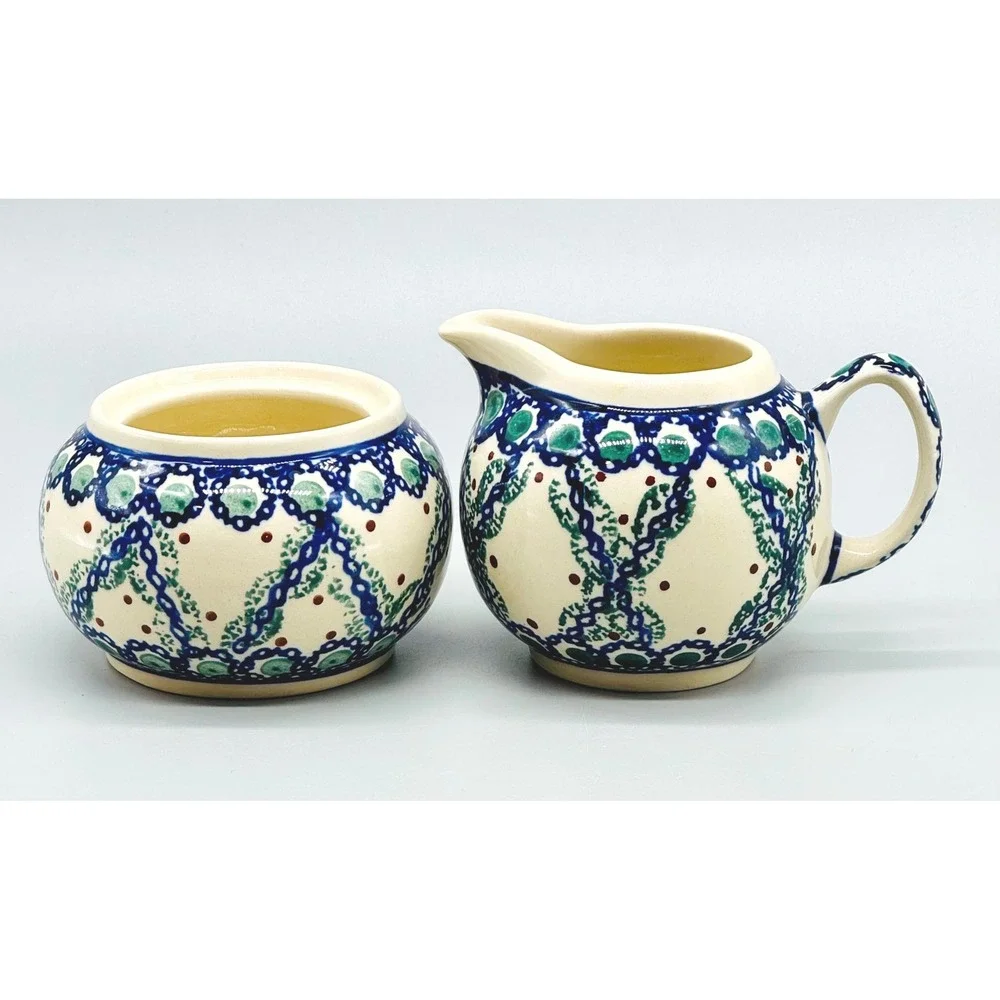 Boleslawiec Creamer‎ and Sugar Bowl Set Mediterranean Wave Polish Pottery